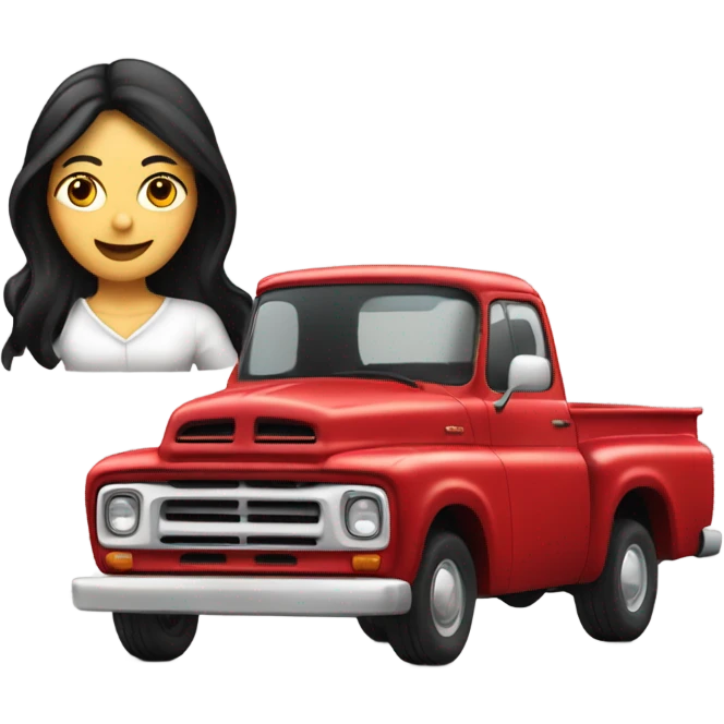A white lady with long black hair, driving an older red pick up truck emoji