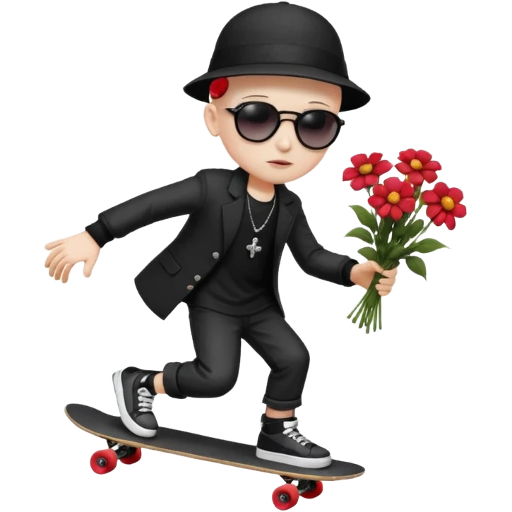 ["A sad boy with pale skin, bald, wearing a sunhat and sunglasses, dressed in goth fashion, is skateboarding while holding a flower bouquet."] emoji