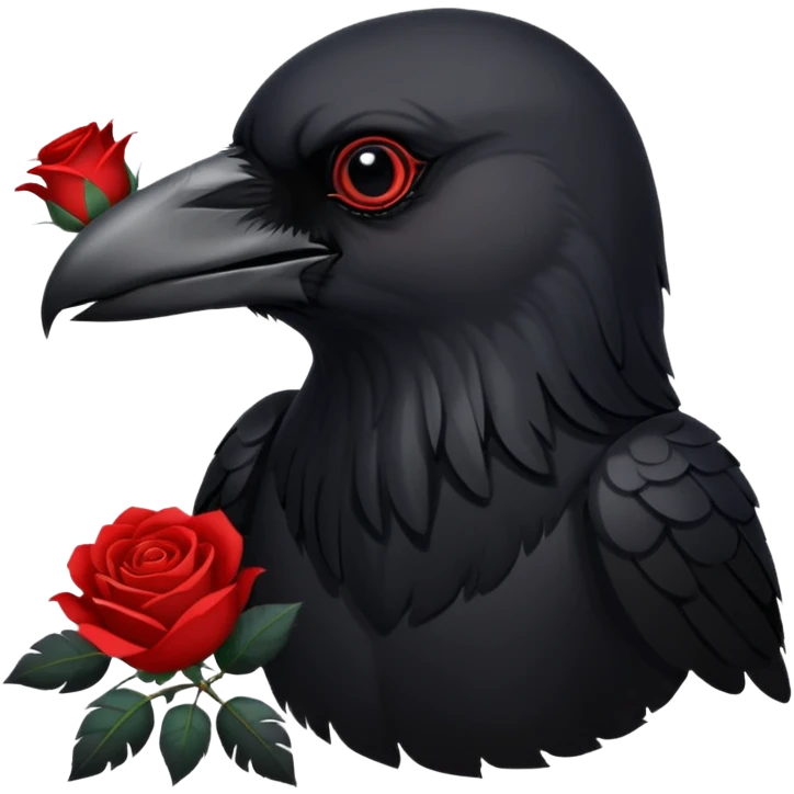 A crow with a white rose with red in its beak emoji