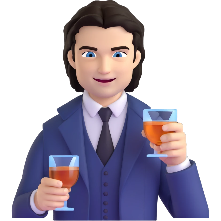 Damon Salvatore as a vampire with dark hair, blue eyes, fangs, sly grin, holding a glass of bourbon emoji