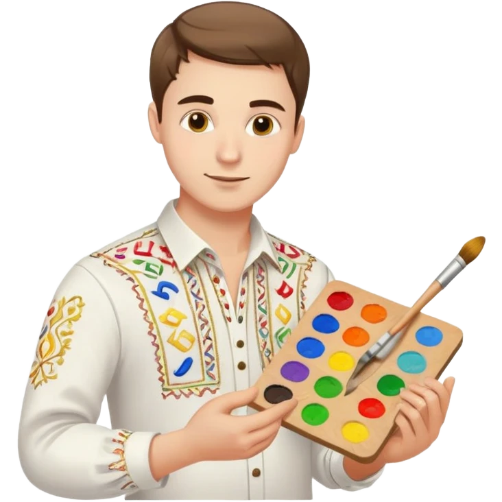 A guy in a white Ukrainian embroidered shirt holds musical notes and a paint palette in his hand emoji