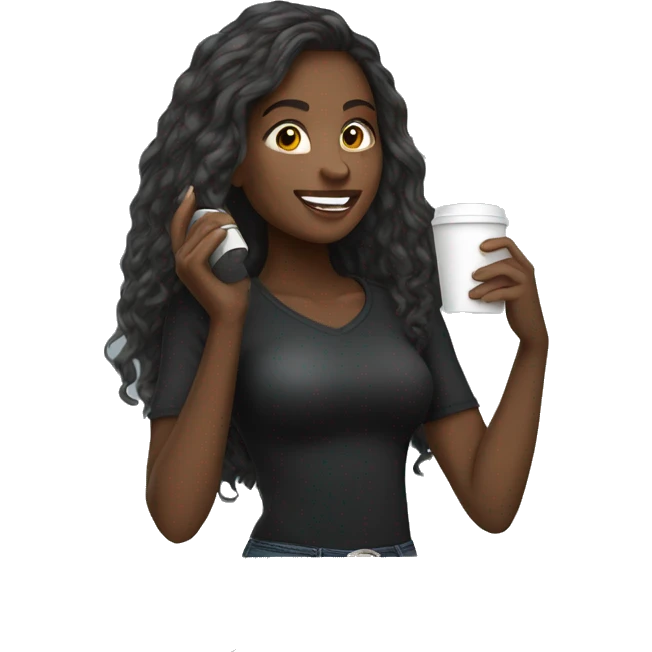 African American female with long hair talking on cellphone and holding a coffee wearing black shirt and jeans full length  emoji