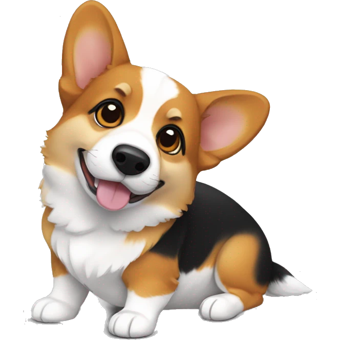 a tricolor corgi. lots of black on the head , around the eyes, a white spot on the forehead, sticking out the tongue emoji
