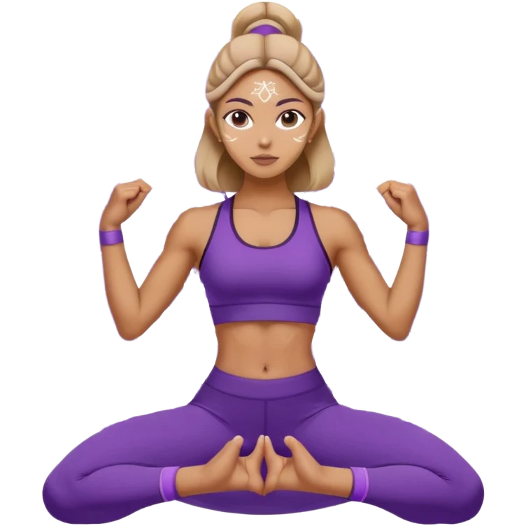 A woman in purple activewear holding warrior two pose, centered with a white mandala pattern behind her. emoji