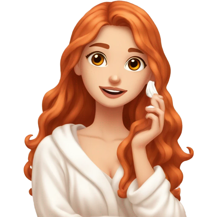 Girl putting cream on face bathroom Long wavy red orange hair orange brown eyes beautiful face thick eyelashes pink lips gorgeous skinny fair skin white aesthetic tall girl doing skincare cozy robe emoji