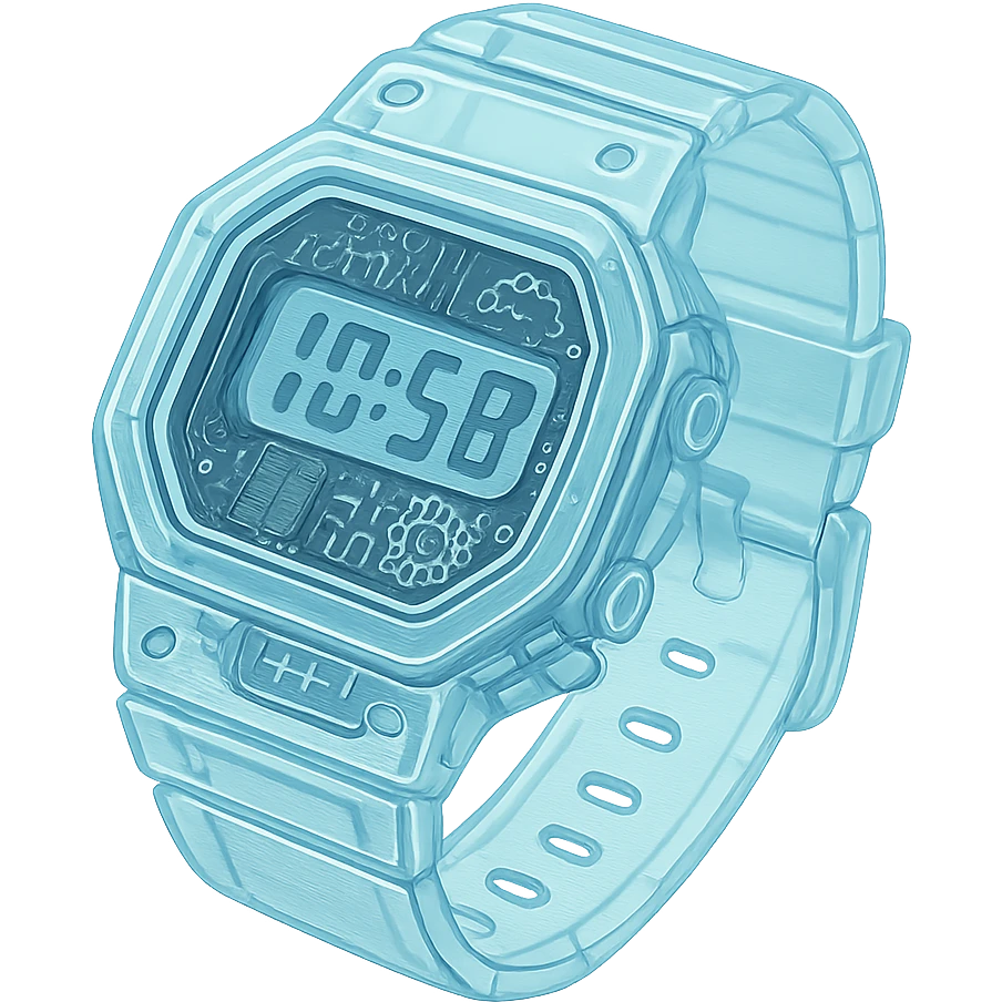 A digital watch with see-through casing showing gears, circuit boards and detailed inner mechanisms emoji