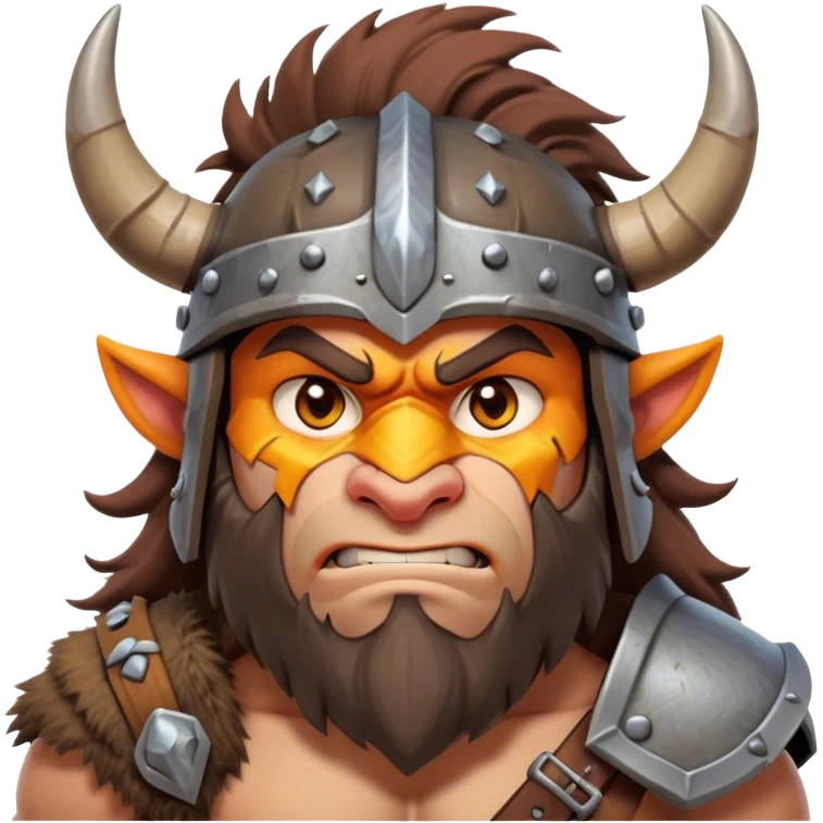 Cinematic Fierce Barbarian Portrait Emoji, Poised and bold with a rugged yet cartoonish build in tattered furs and a horned helmet, expressive bright eyes and a confident smirk, Simplified yet dynamic features, highly detailed, glowing with a vivid, adventurous aura, high shine, heroic and spirited, stylized with an air of medieval warrior charm, focused and energetic, soft glowing outline, capturing the essence of a fearless barbarian adventurer ready to lead his clan with spirited valor! emoji