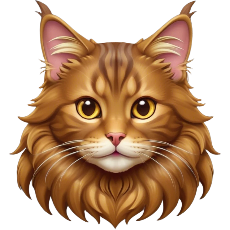 Cinematic Cute Brown Maine Coon Cat Portrait Emoji, Head tilted playfully with a touch of sass, sleek brown and gold fur with a majestic mane, Simplified yet hilariously adorable features, highly detailed, glowing with a warm, confident glow, high shine, mischievous yet lazy, stylized with a touch of playful whimsy, bright and endearing with a comical expression, soft glowing outline, capturing the essence of a quirky yet loving and lazy kitty, so meme-worthy it feels like it could stretch out of the screen and demand attention in the most dramatic way! emoji