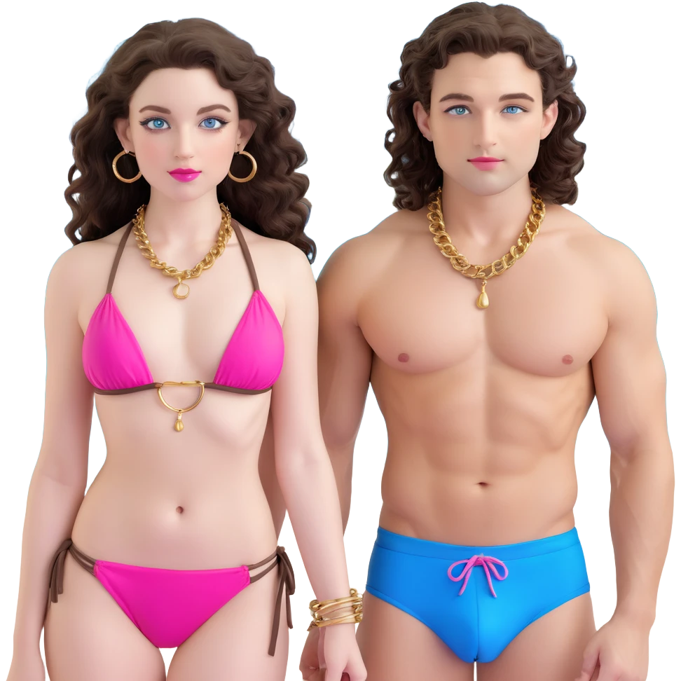 attractive couple on sunny beach, ocean background, curvier woman with fuller figure, big blue-grey eyes, long lashes, pale skin, pink lips, long voluminous dark brown curls, gold hoop earrings, tiny string bikini on her plumper body, next to handsome man with intense blue-grey eyes, chiseled features, pale skin, confident smirk, dark brown styled hair, gold chain, minimalist swimwear, both lounging on sand emoji