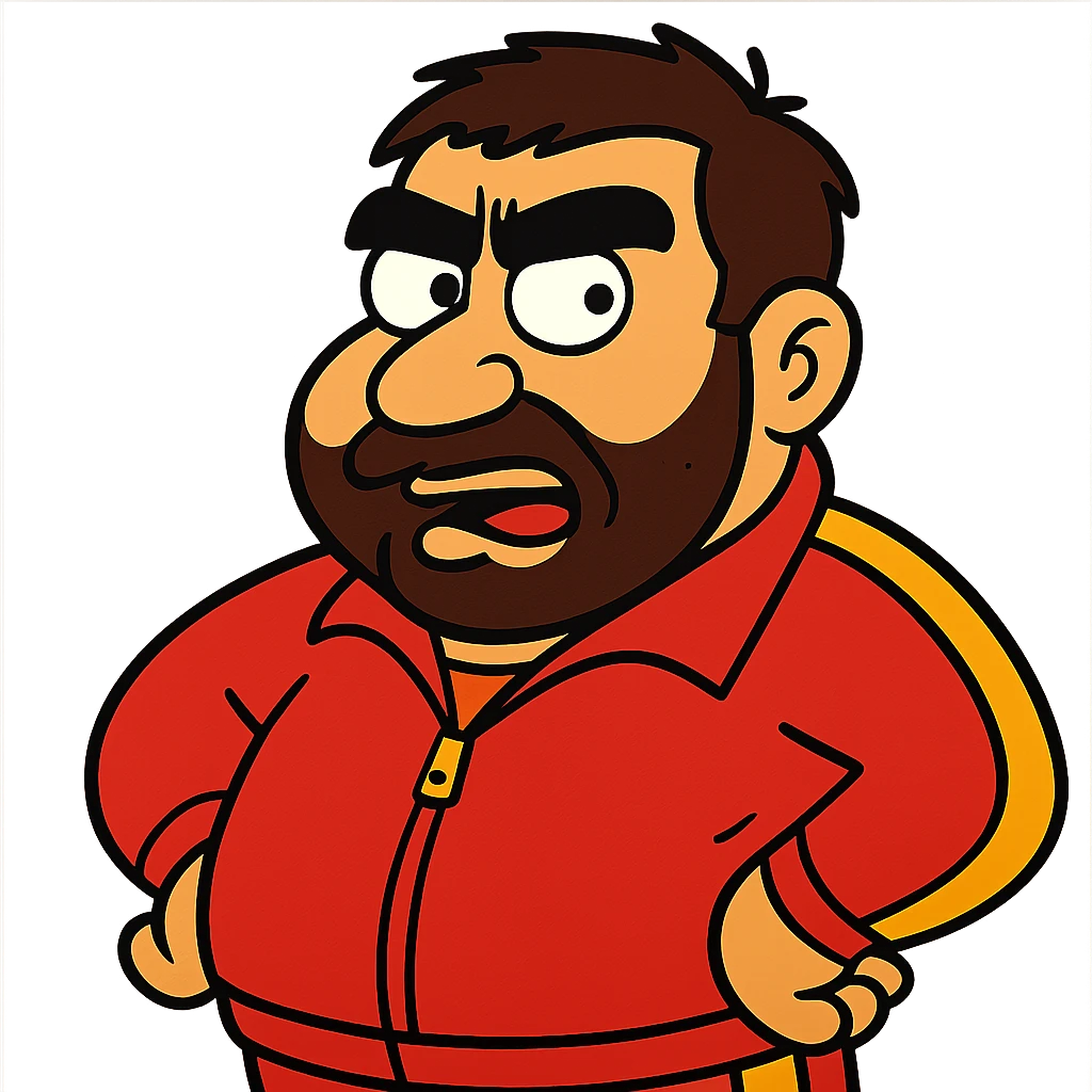 Recep İvedik, exaggerated cartoon style, thick eyebrows, mustache, red tracksuit, comical expression emoji