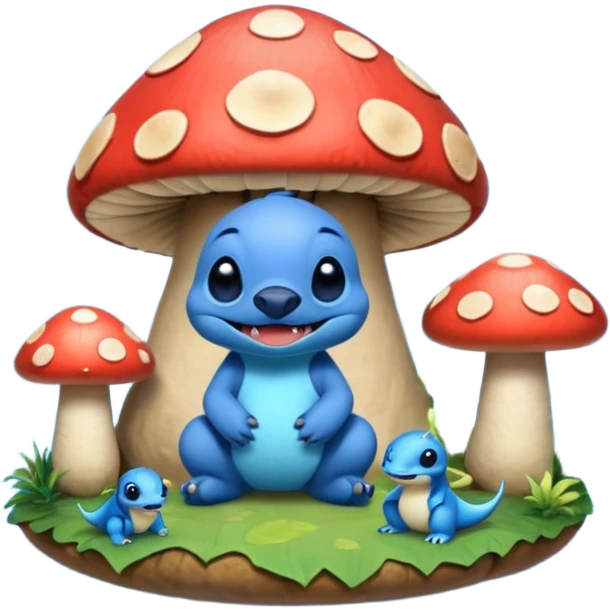 Stitch from lilo and stitch in a mushroom land with dinosaurs  emoji