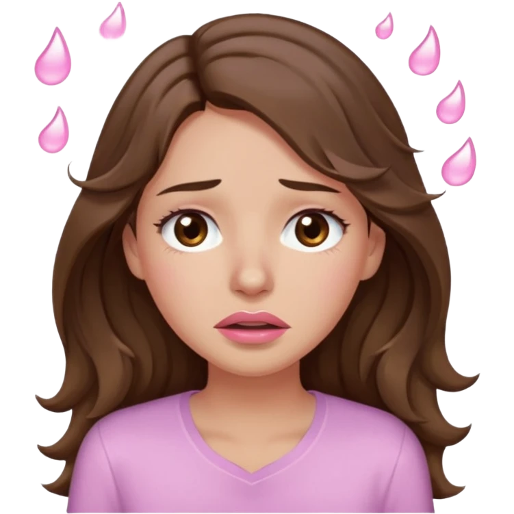 girl with wavy long brown hair, brown eyes, light to medium complexion, long lashes, light pink lipstick, wearing light pink shirt, weeping big big tears emoji