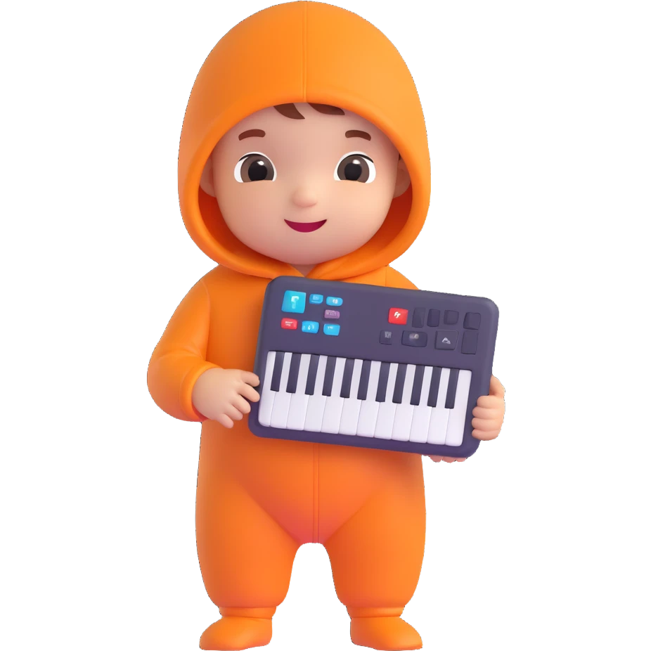 a baby holding a keyboard, wearing a onesie with code symbols, cheerful expression emoji