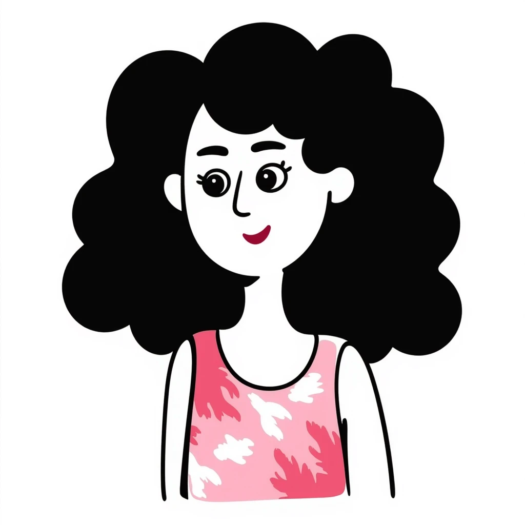 Woman in her 30s with clear skin, elongated face, soft cheeks, large expressive brown eyes, natural eyebrows, defined nose, full lips with soft red lipstick, abundant dark brown curly hair, wearing pink tie-dye tank top emoji