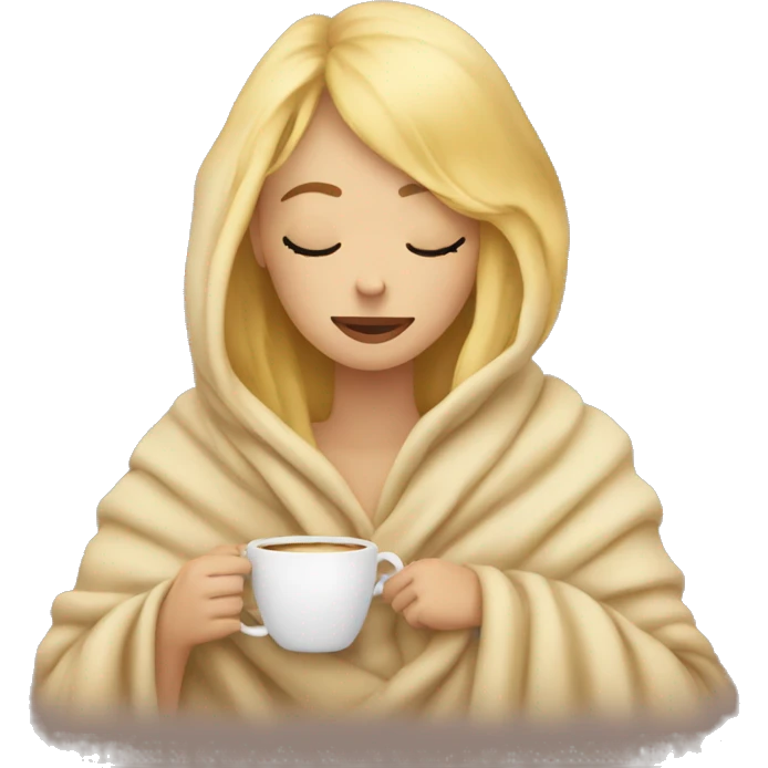 blonde girl inside a blanket sipping coffee eyes closed emoji
