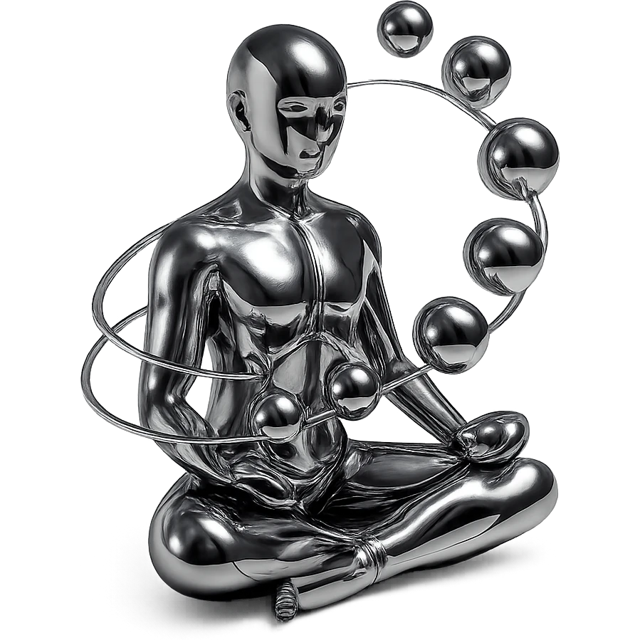 stylized chrome meditating figure with shiny spheres spiraling around, futuristic and smooth emoji