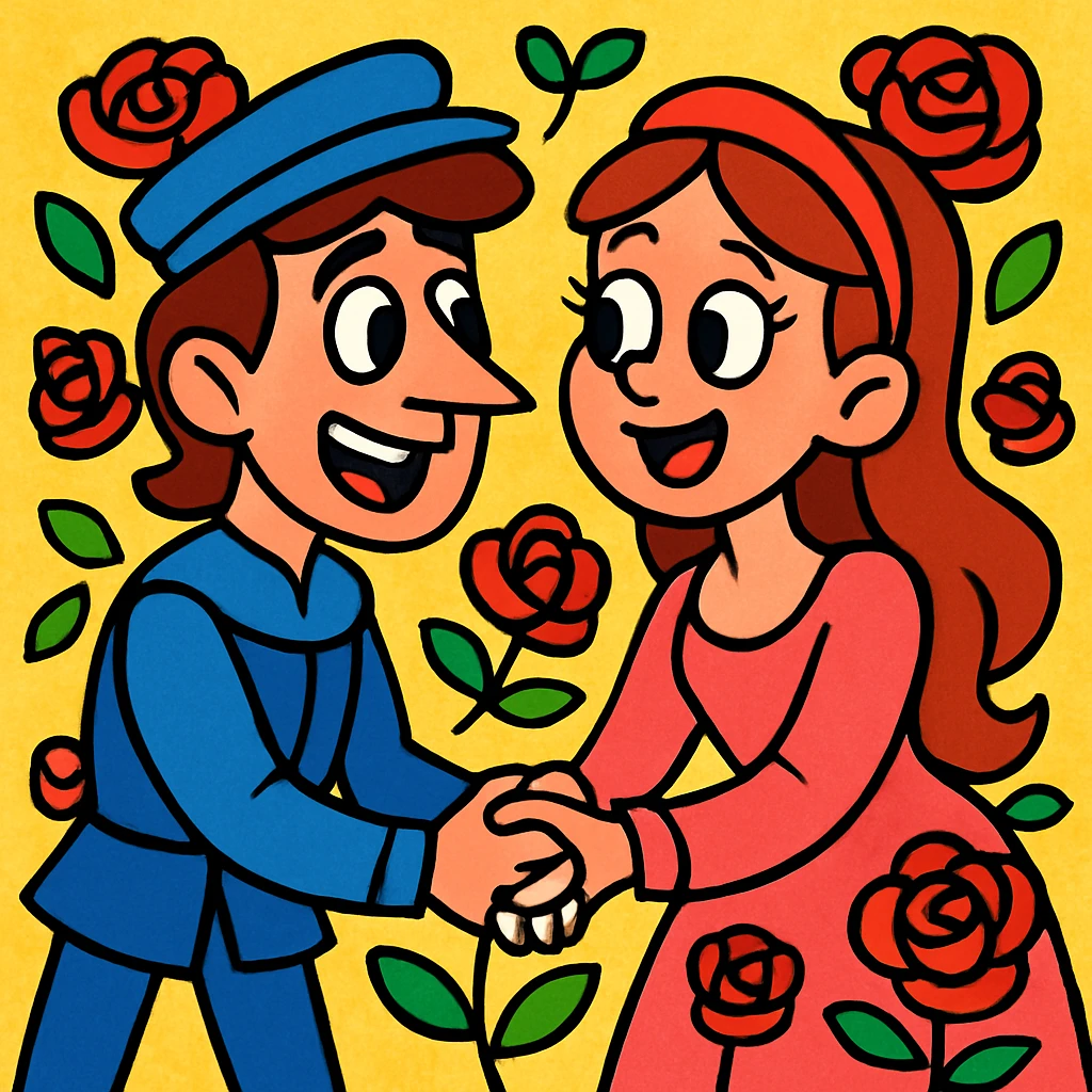 Romeo and Juliet holding hands, surrounded by cartoon roses, cheerful and cute, cartoon style emoji