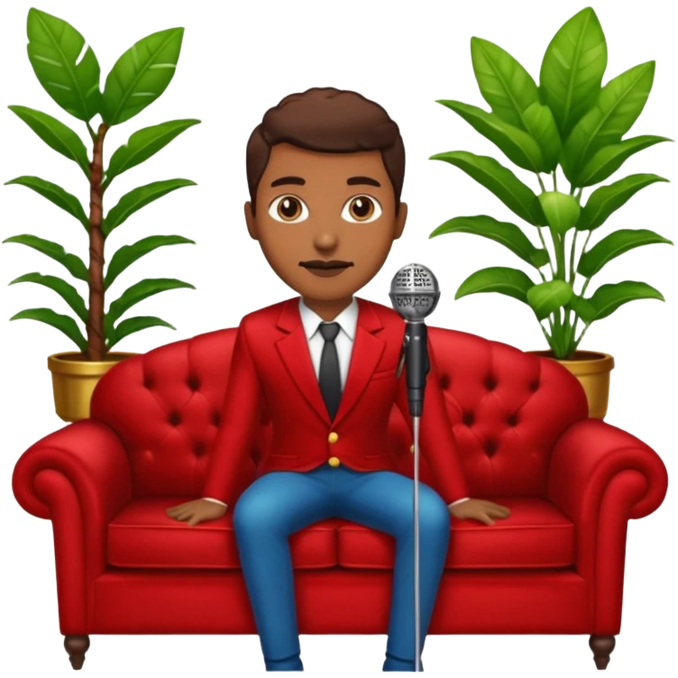 red velvet luxury couch with a stand mic in front and houseplant in back emoji