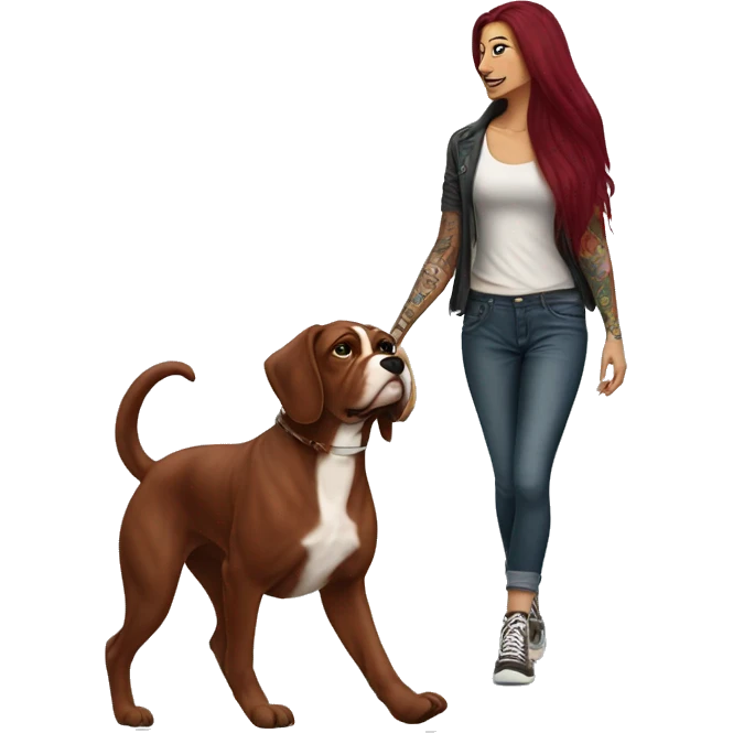 Beautiful tattooed  burgundy long haired woman walking a boxer dog emoji