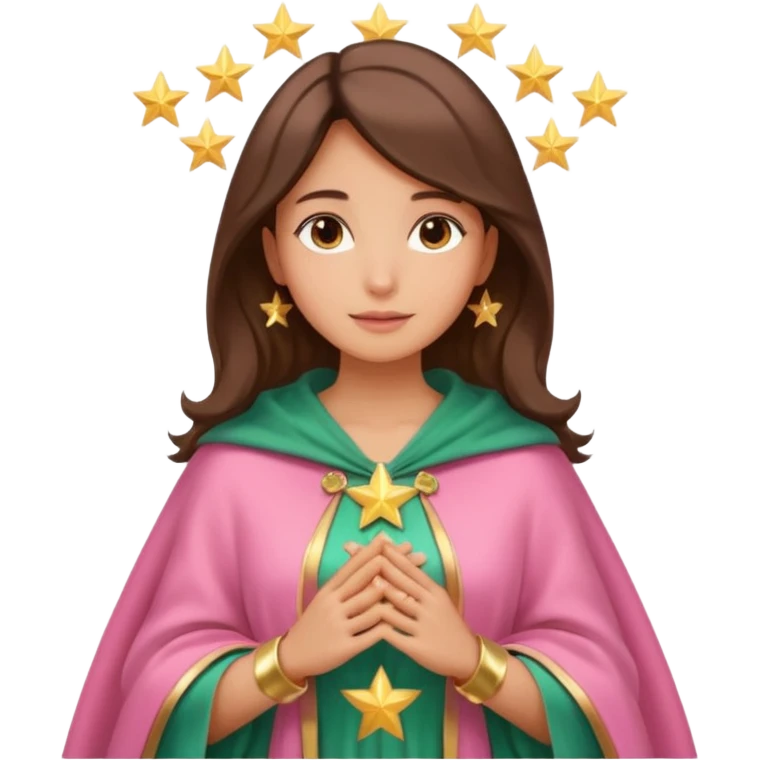 Mujer de piel morena, rostro sereno, manos juntas. Vestido rosa, manto azul verdoso con estrellas doradas. Resplandor dorado alrededor del cuerpo. emoji