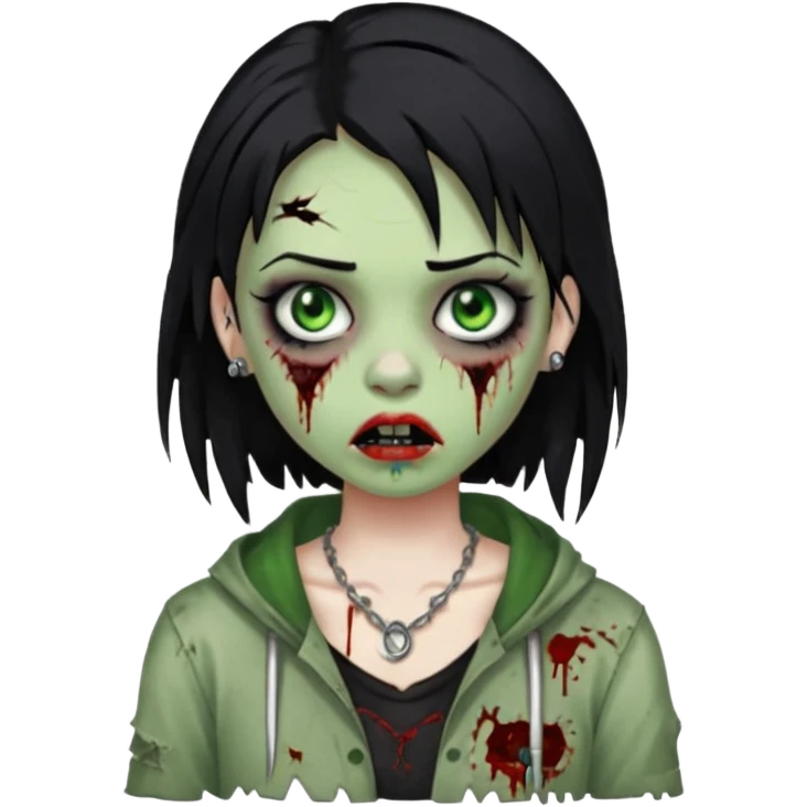 quero que me faça igual a anterior, como um zumbi, porém, a menina deverá ter cabelos pretos e olhos verdes, e um piercing na sobrancelha e um na boca emoji