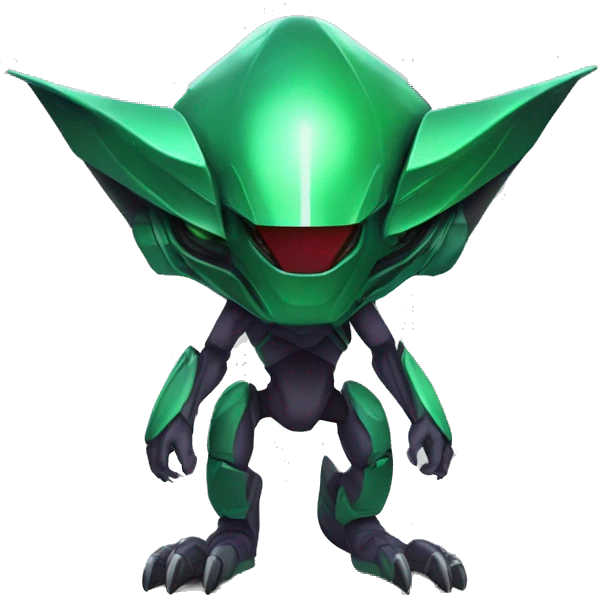 a black-green Genesect-Raptor-Fakémon—hybrid with a futuristic visor-helmet full body emoji