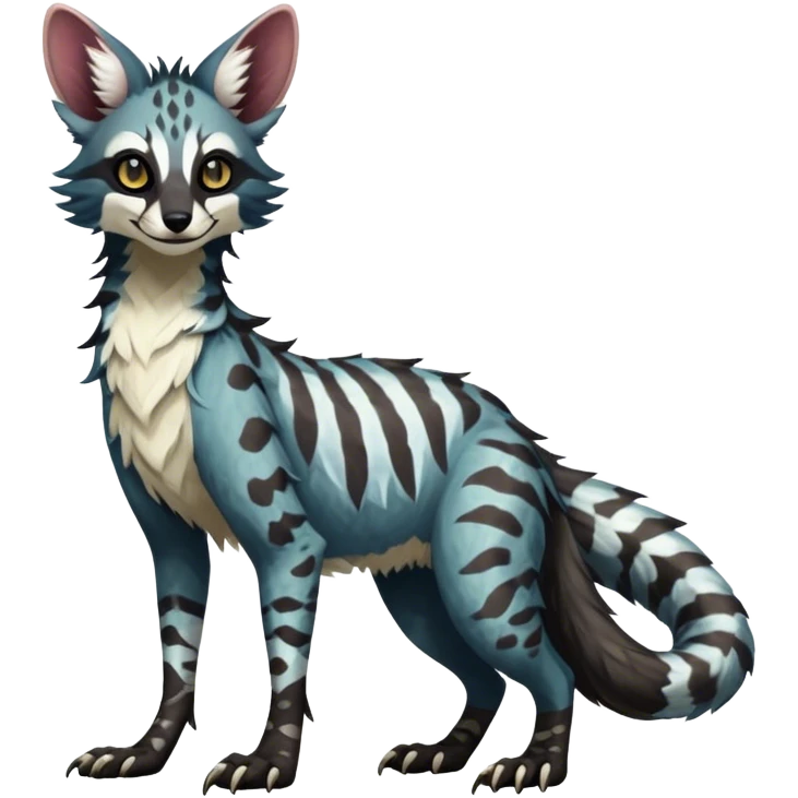 Feral Rare Fantasy dark tropical Vernid-Sergal-Genet-Trico-species by LiLaiRa, random markings, tufted tail, tufted ears, full body emoji
