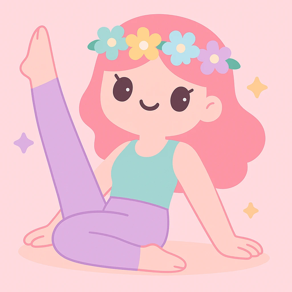 Make the pink pilates girl with a flower crown in a pastel aesthetic, using soft pastel colors and a gentle vibe. emoji