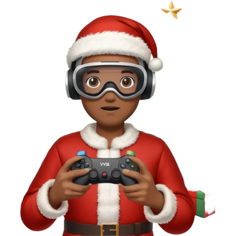 Homme photographe noir, week-end détente, équipé d’un appareil photo pro. Dans un décor Noël chaleureux, Père Noël à côté, sapin illuminé, lumières douces. L’homme porte un casque VR autour du cou ou sur la tête, et une manette PS 2025 dans la main libre. Ambiance festive, réaliste, couleurs nettes emoji