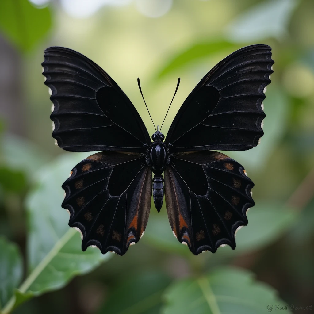 Make the butterfly's wings and body black, keep the photorealistic style and natural background. emoji