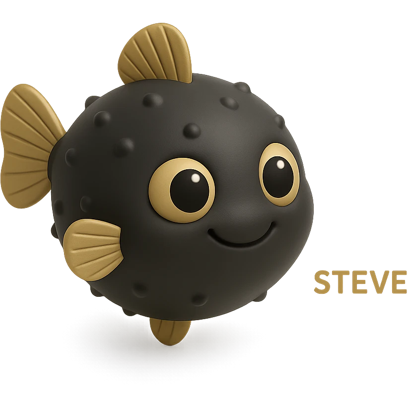a smiling balloon fish named Steve, with big eyes and fins emoji
