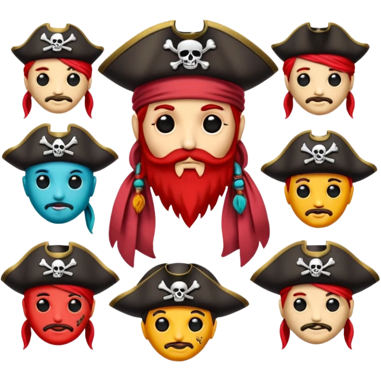 Je veux un tableau de stickers pour mon clan lak khawarizmi notre symbol est les pirat au chapeaux rouge , est un autre tableau de stickers écharpe de ton choix pour mon clan emoji