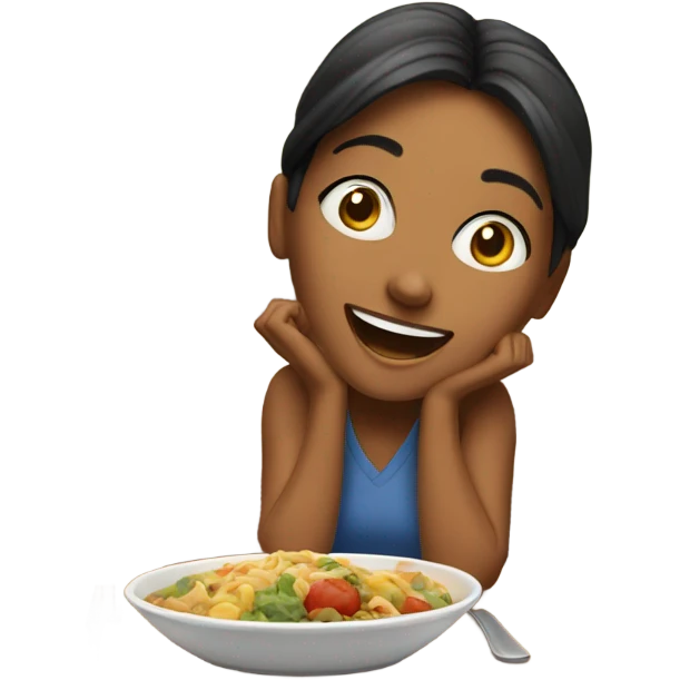 excited lady sitting at the table looking at her meal emoji