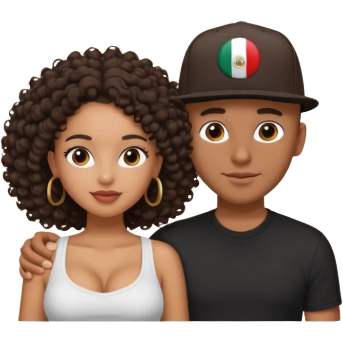 A picture of a loving tanned couple. the guy is Mexican, with a bald hair cut and he has a SnapBack hat on. The girl is mixed, the girl is wearing a black shirt, the girl has brown curly big hair and the girl has big boobs  emoji