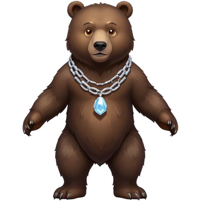 Full-body dark brown bear on all four legs looking slightly forward, complete view from head to tail, very realistic fur, ice chain necklace emoji