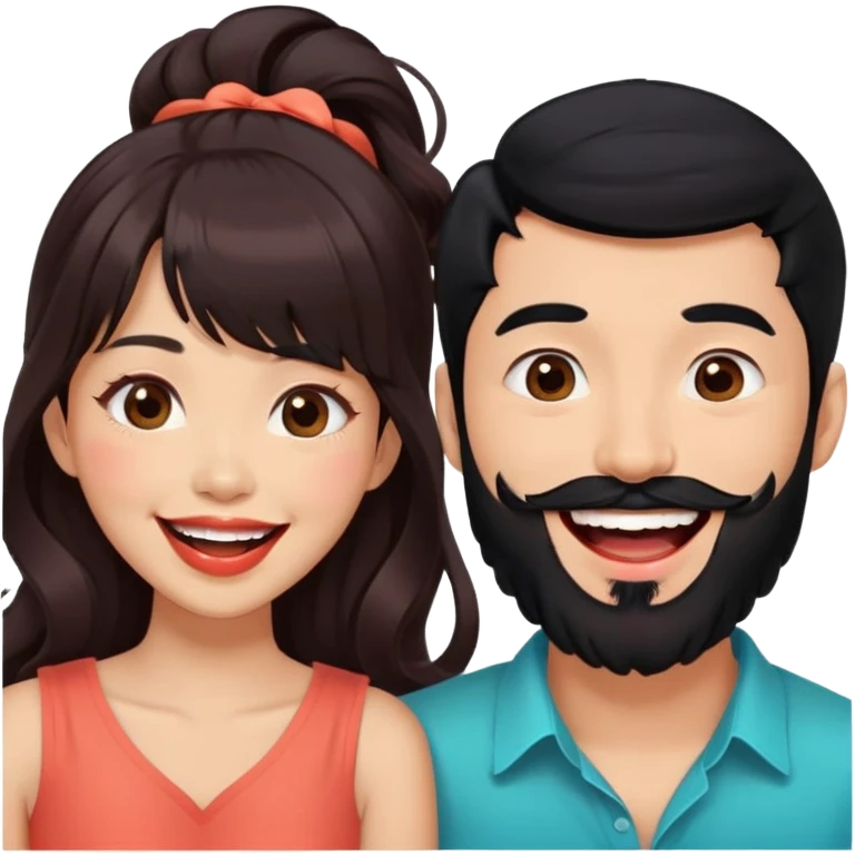 handsome asian man with black hair and beard, laughing together with cute tan skin woman with long wavy reddish brown hair with bangs and coral lipstick emoji