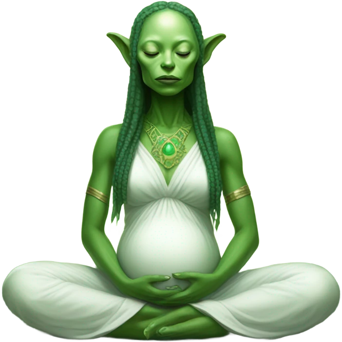 a Reptilian alien woman, pregnant, in meditation, white dress like a priestess emoji
