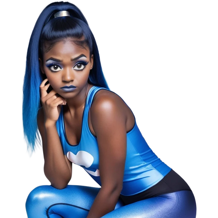 Disapponted-big tears-head back texting on phone-very very large upper body-sexy face-bending forward at waist-very long very straight dark blue to light blue ombre hair-and-blue eyes-thick black eyeliner-long eyelashes-iridescent blue lowcut tanktop with black leggings with glitter superman logo emoji