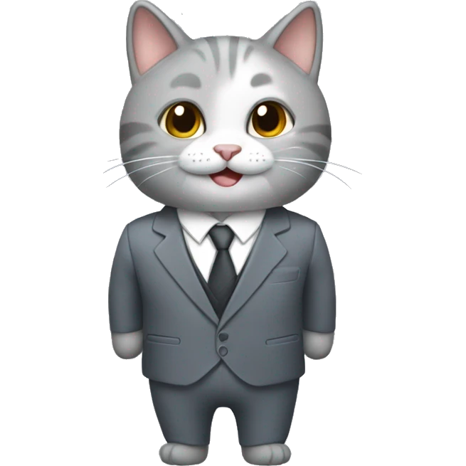 un gato gris con traje y sonriendo emoji