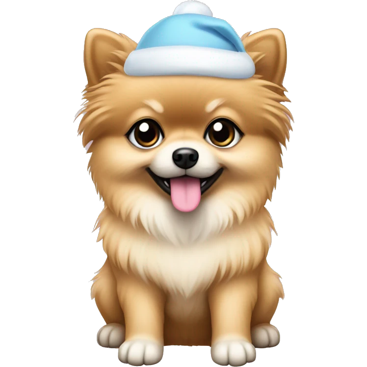 beige pomeranian puppy full body light blue eyes pink christmas hat on emoji