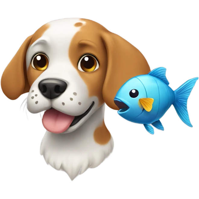 a dog with a fish and a heart emoji