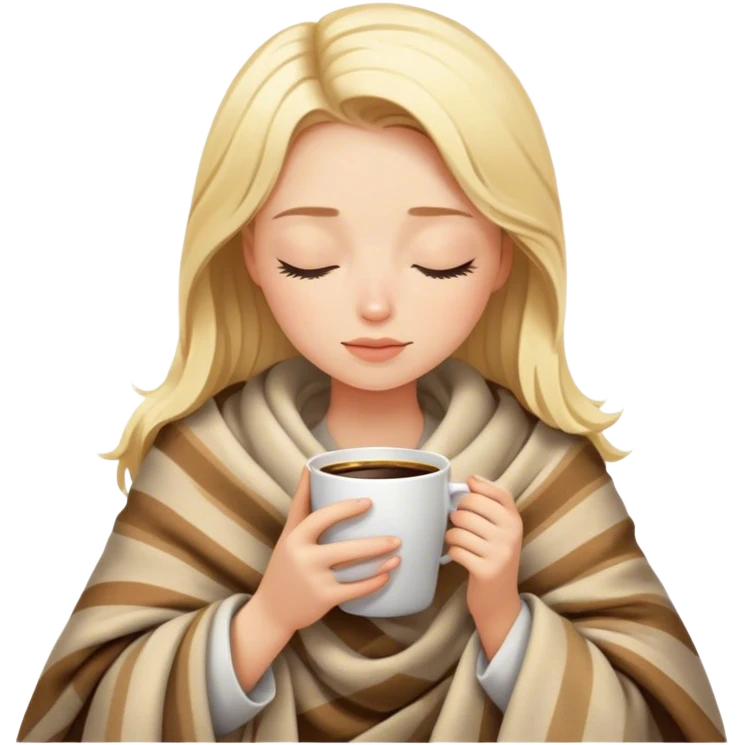 Blonde girl inside a blanket sipping coffee eyes closed emoji