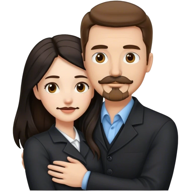 tall white man with brown hair goatee mustache hugging a pale woman with long black hair, wearing professional clothing emoji