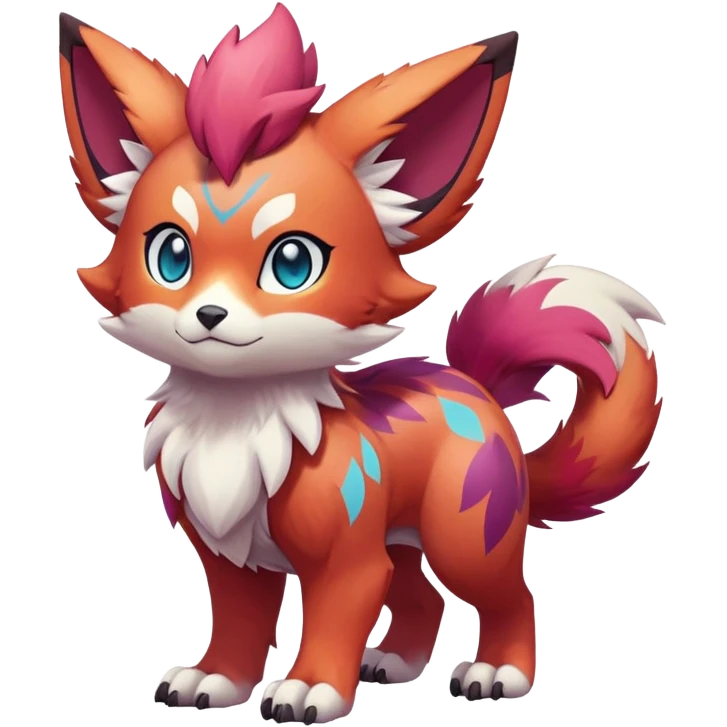 Vibrant multi-colored Male cute cool anime-styled Falvie-Fionbri-fantasy-creature-Fakémon-Pokémon, full body, with markings emoji