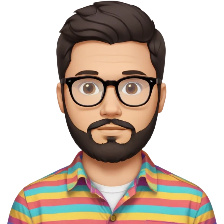 a 30-year-old man with light skin, medium solid build, wide face, soft cheeks, rounded jawline, neutral relaxed expression, short dense full beard, wavy voluminous brown-black hair at the front, large rectangular black thick frame glasses, colorful button-up shirt open showing white t-shirt emoji