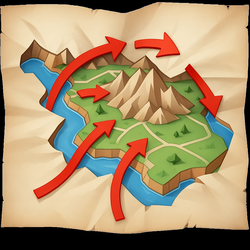 Add bold red arrows to the map, indicating an upcoming offensive attack strategy. Keep the emoji style and all original details. emoji