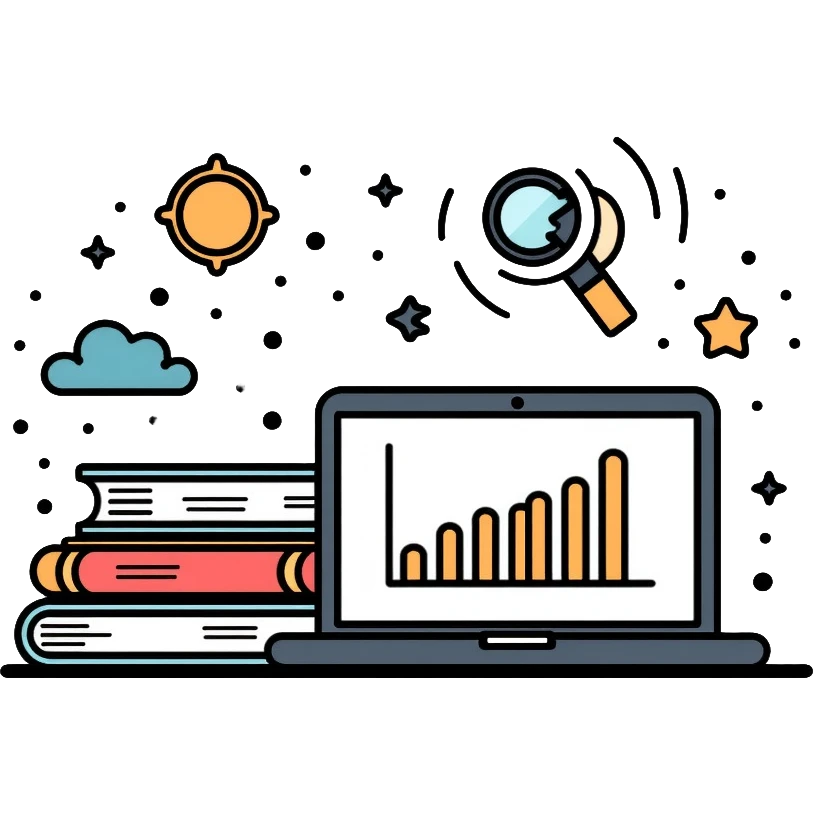 academic research with books, laptop and data charts emoji