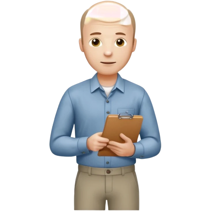 man mid 30's shirt and trousers balding hairline standing holding a clipboard emoji