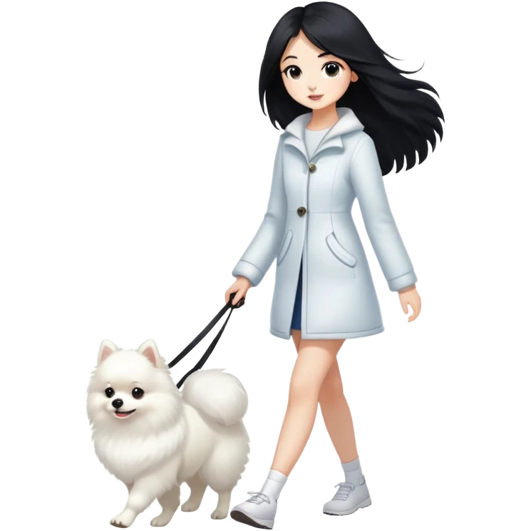 A girl with long black hair walks a white Pomeranian emoji