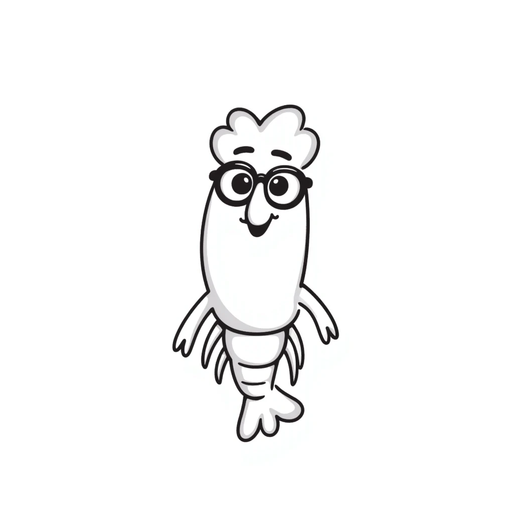 a little shrimp that is old with white hair and glasses, elderly shrimp character with white eyebrows and hair, wearing round glasses emoji